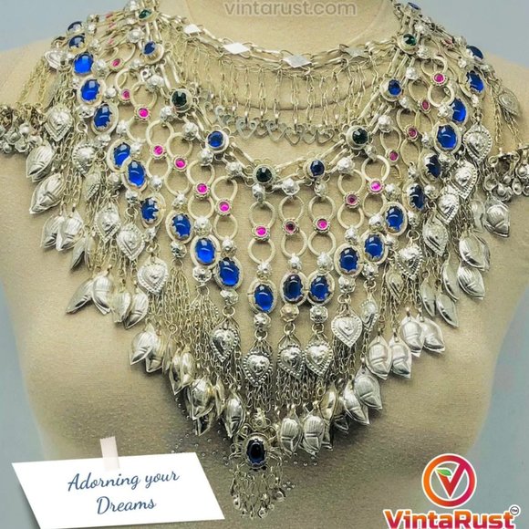 Gypsy Silver Kuchi Massive Choker Necklace With Blue Glass Stones, - Picture 6 of 7